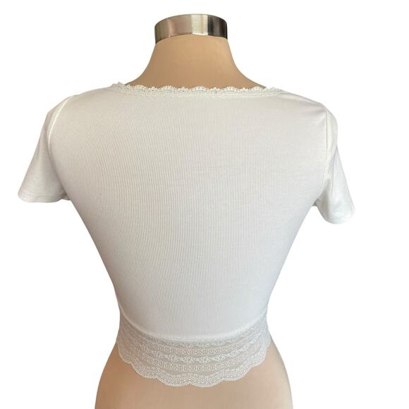 Y2K Babydoll Rib Knit Tee Lace Trim SMALL Bella Coquette Milk Maid Casual Summer - Picture 3 of 6